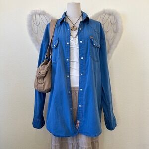 Indie Retro Western Shirt Blue Long Sleeve Snap Button Up Oversized Retro Cowboy